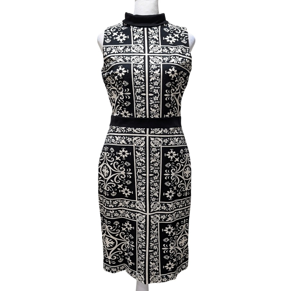 J McLaughlin Black White Tile Print Mock Neck Sleeveless Sheath Dress Catalina S
